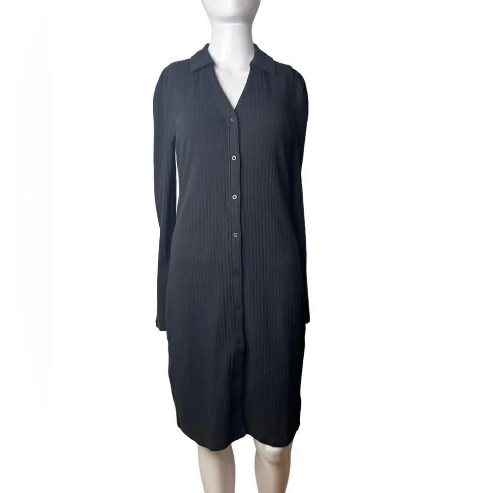 GAP Ribbed Collared V Neck Long Sleeve Dress Black Size Small
